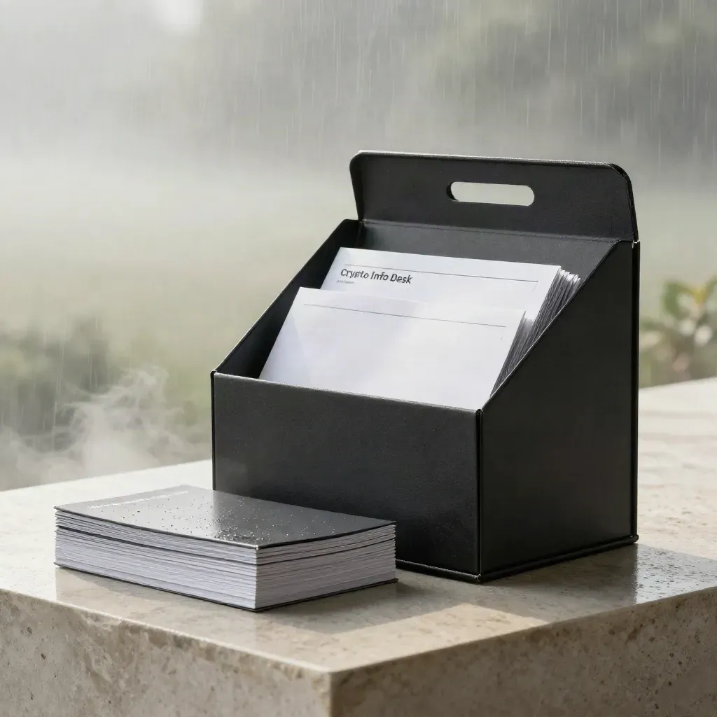Matte-black crypto news kit on wet stone plinth in misty dawn light.