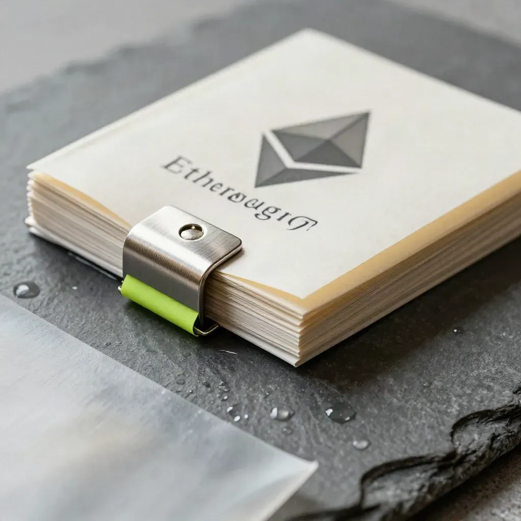Damp Ethereum gas notes booklet stack on wet stone with metal clip and green tab