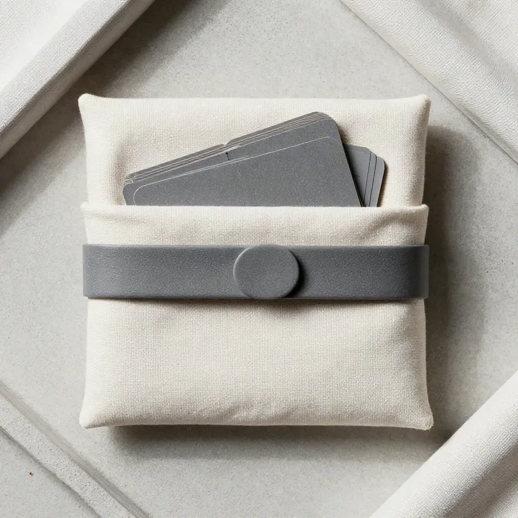 Overhead flatlay of a canvas wallet safety kit with folded cards and linen on pale fabric.