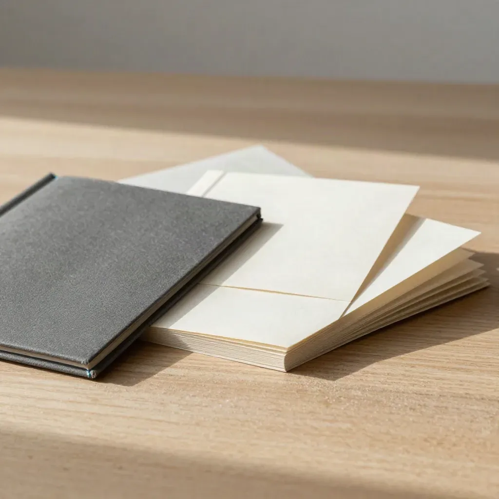 Textured exchange review sleeve with fanned booklets on pale wood in soft daylight.