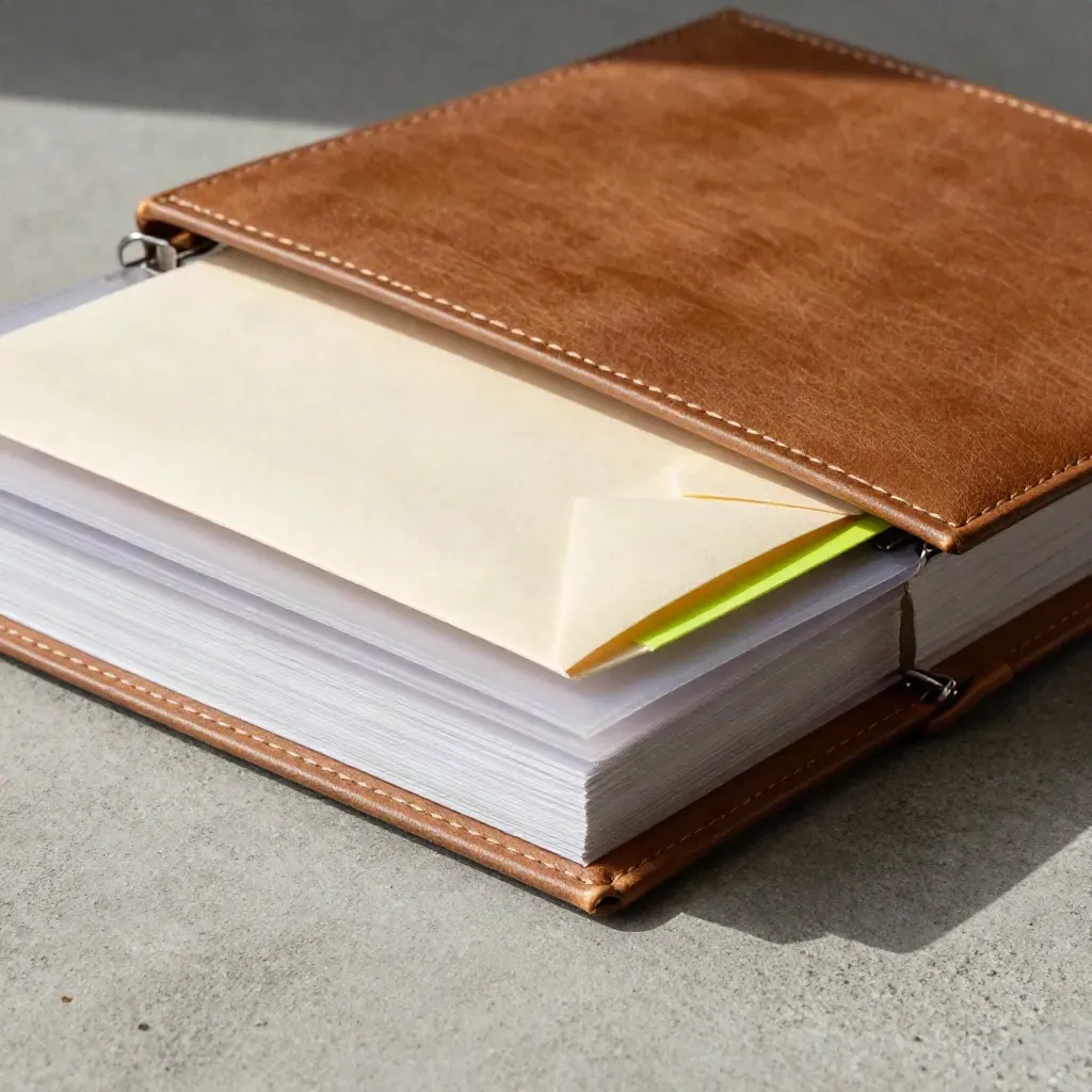 Macro binder with dividers, brief packet, and archive envelope on concrete under raking light.