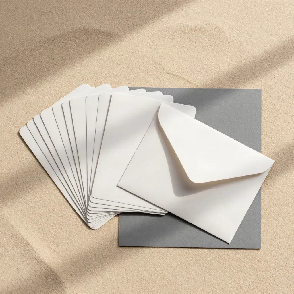 Overhead flatlay of a crypto radar packet with fanned cards, sleeve, and sealed envelope on sand paper