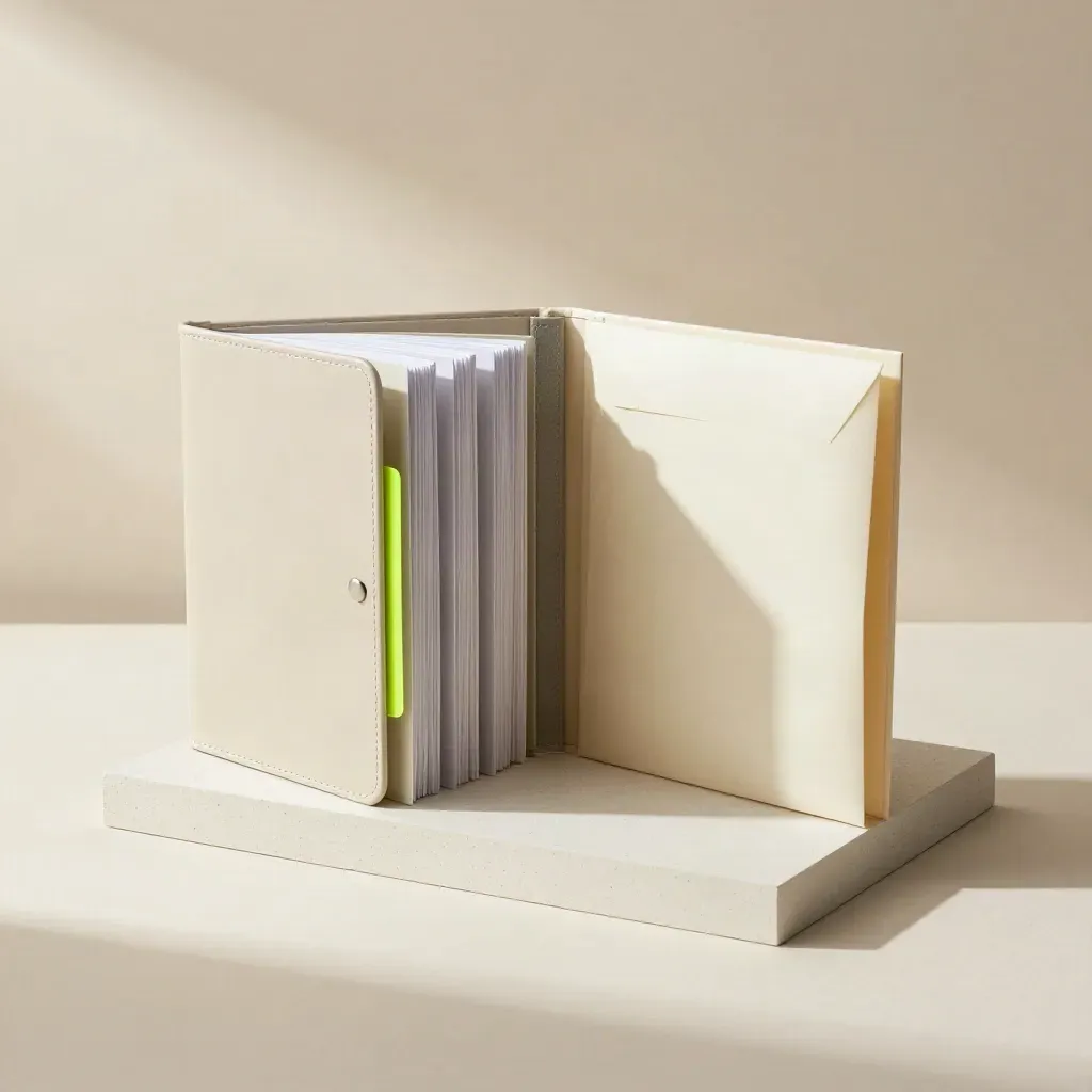Studio hero of an unbranded US tax cheat sheet binder with accordion inserts on a soft plinth.