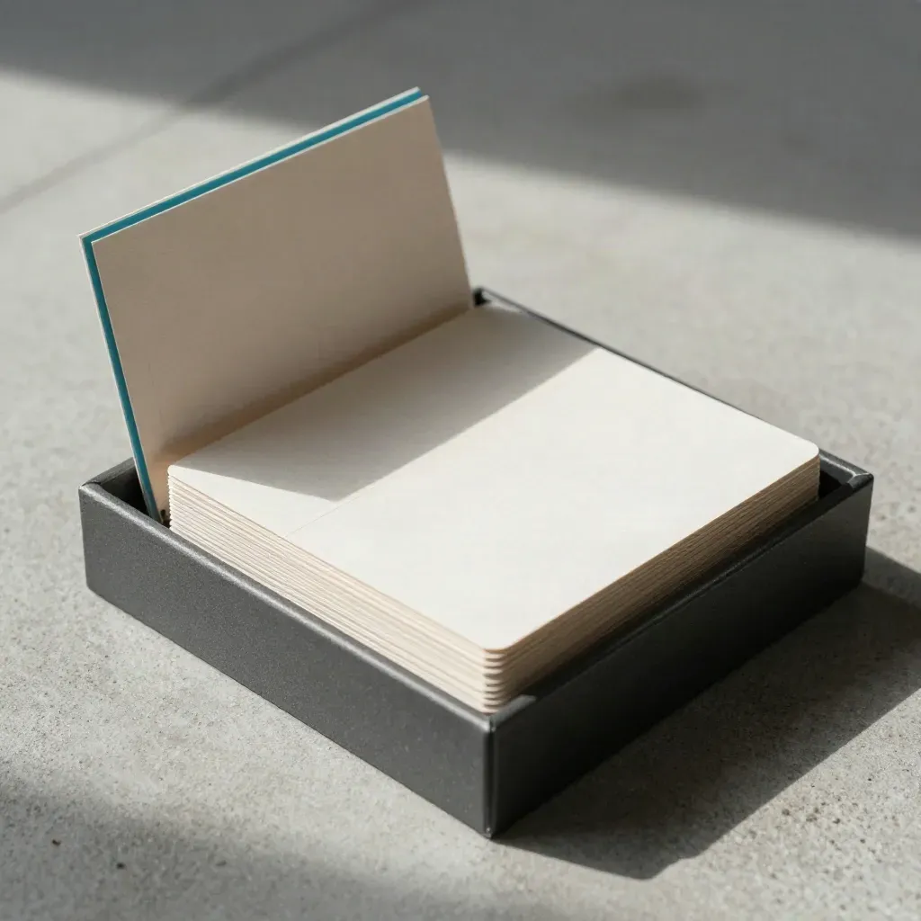 Overhead archive box with fanned alert cards on pale paper and concrete