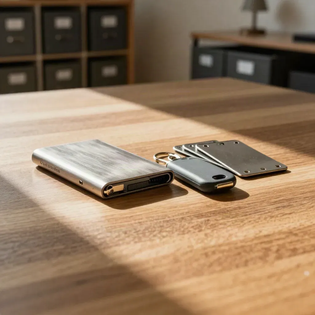 Hardware wallet and crypto backup plates on an oak surface in warm interior light.