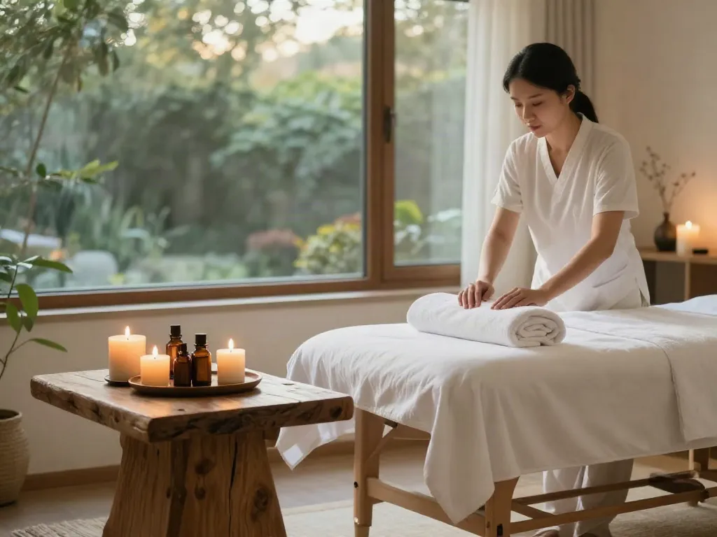 Relieving stress with 간석동출장마사지 in a soothing massage therapy room.